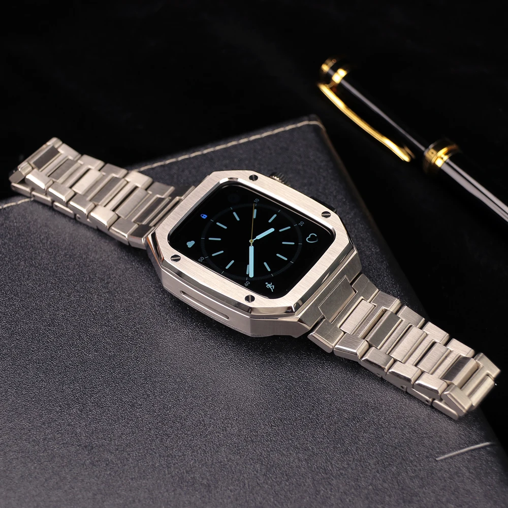 Luxe Roestvrijstalen Modificatie Mod Kit Voor Apple Watch 9 8 7 45Mm Lederen Band Metalen Hoesje Iwatch 6 5 4 Se 44Mm Band Set