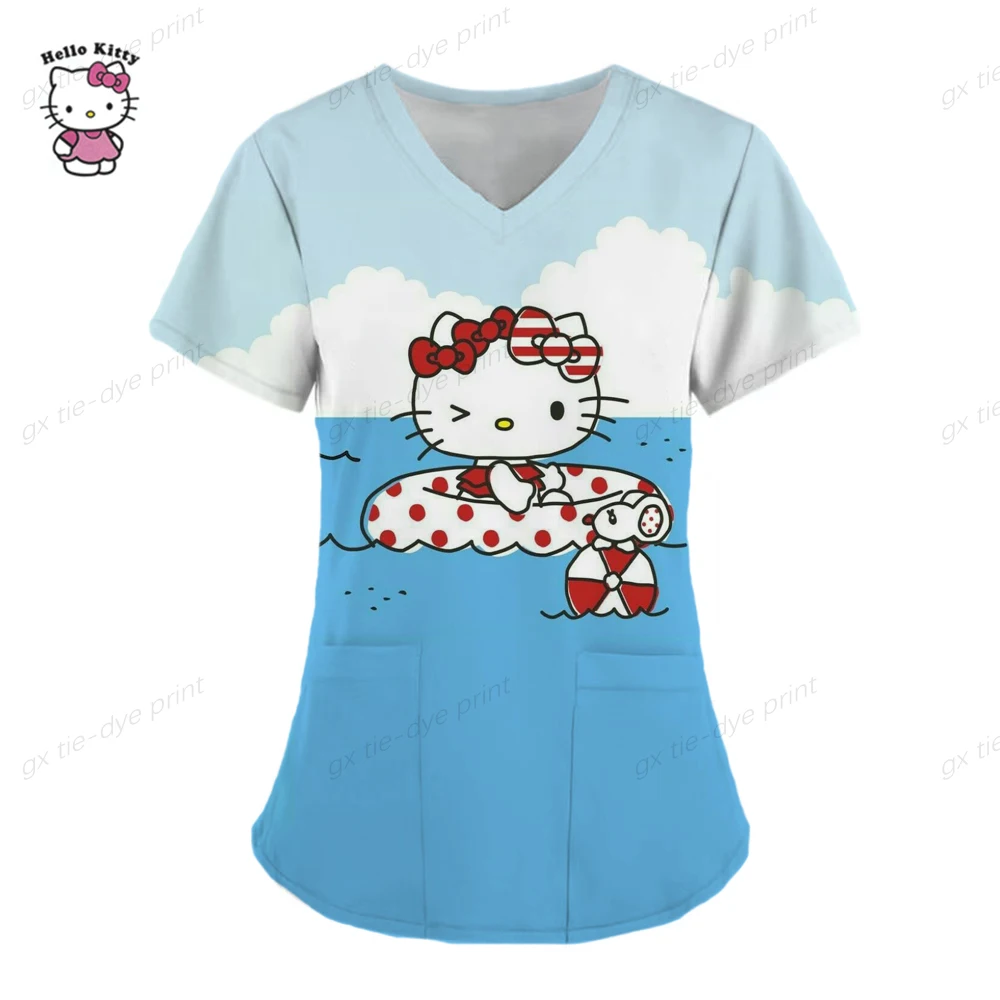 thumbnail image 1 of Camisetas de verano, tops de bolsillo, uniforme de enfermera, Hello Kitty, ropa de mujer con cuello en V, camiseta de hospital, camisetas para mujer 2023, camisetas para mujer, 1 of 5
