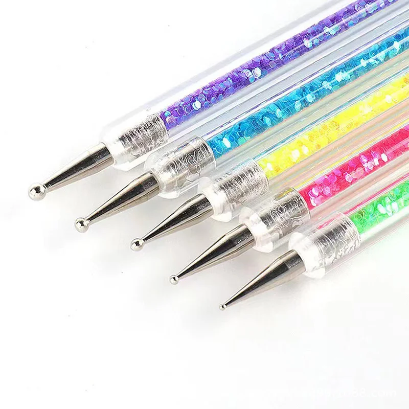 5 Pcs/Set Sequins Powder Drill Pen UV Gel Liner Polish Brush Double Ends Dotting Drawing Painting Crystal Nail Art Dotting Tools