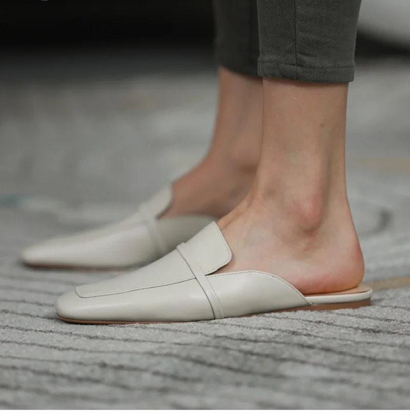 

Women Mule Slippers Concise Style Simple Flat Shoes Cow Leather Square Toe Mules Spring Autumn Women Flats Outdoor Slippers