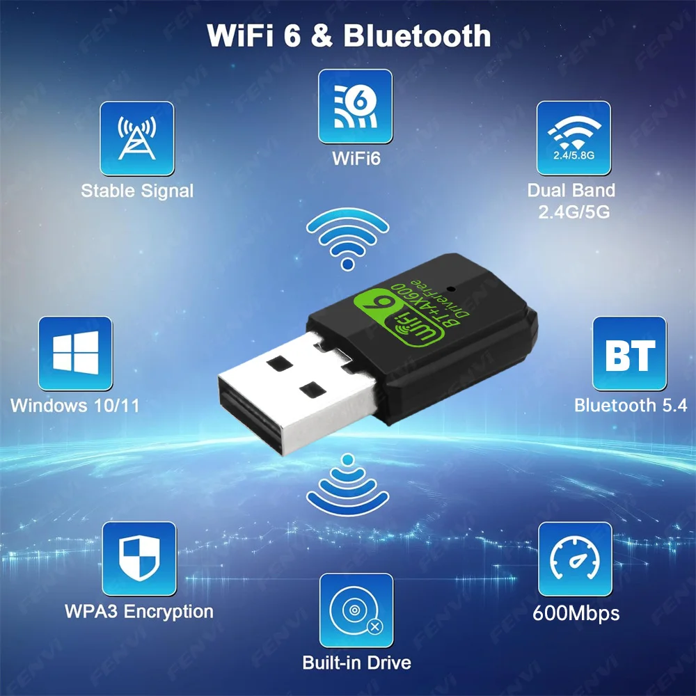WiFi 6 AX600 블루투스5.4 어댑터 2 in 1 동글 듀얼 밴드 2.4G/5GHz 네트워크 무선 수신기 PC 노트북용 Win10/11 드라이버 무료