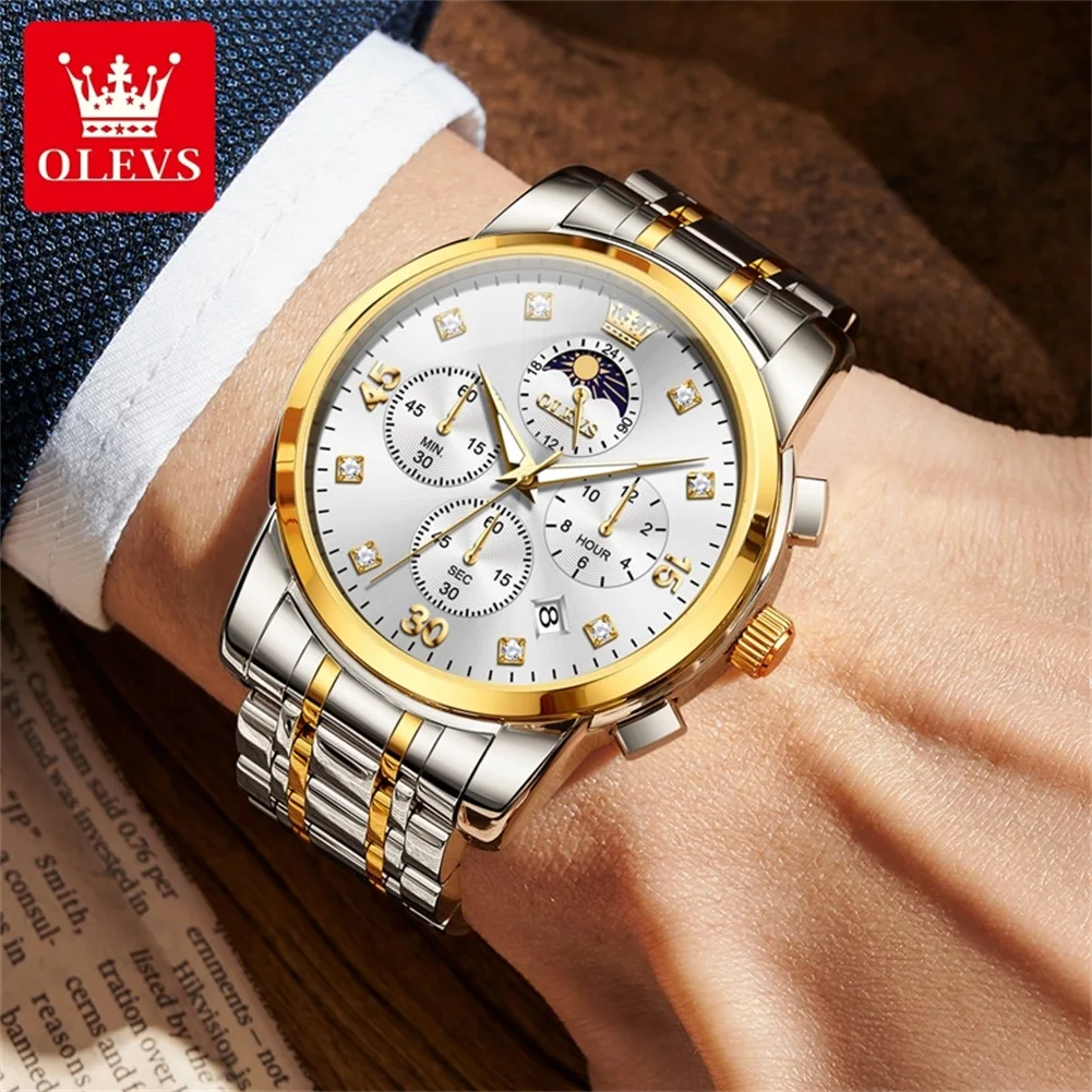 OLEVS 3652 Date Men Watch Luxury Original Quartz Business Wristwatch Chronograph Moon Phase Waterproof Luminous Watch For Men
