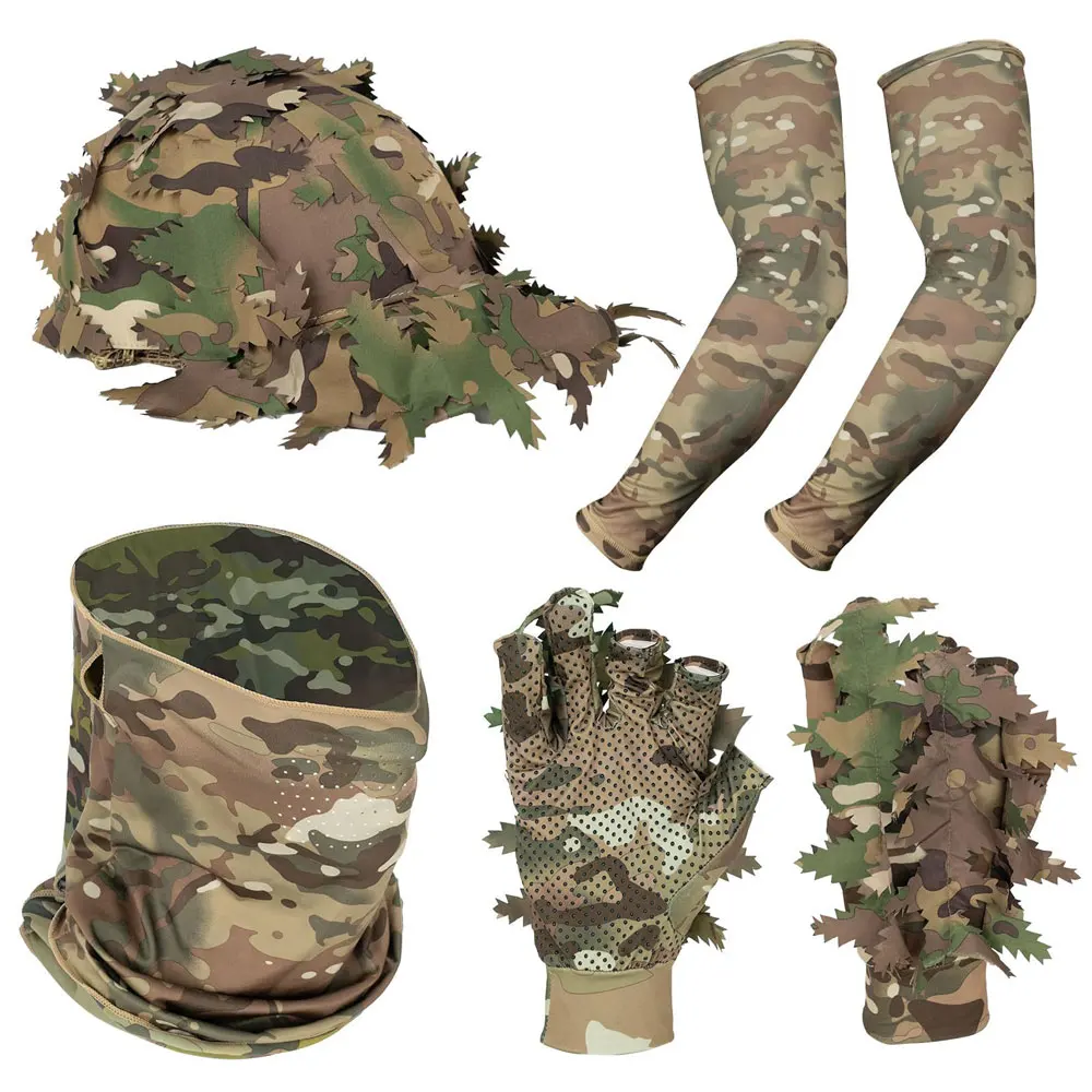 Set camouflage pêche Outdoor CP : casquette feuilles, gants tactiques, manches soie glacée, masque demi-visage