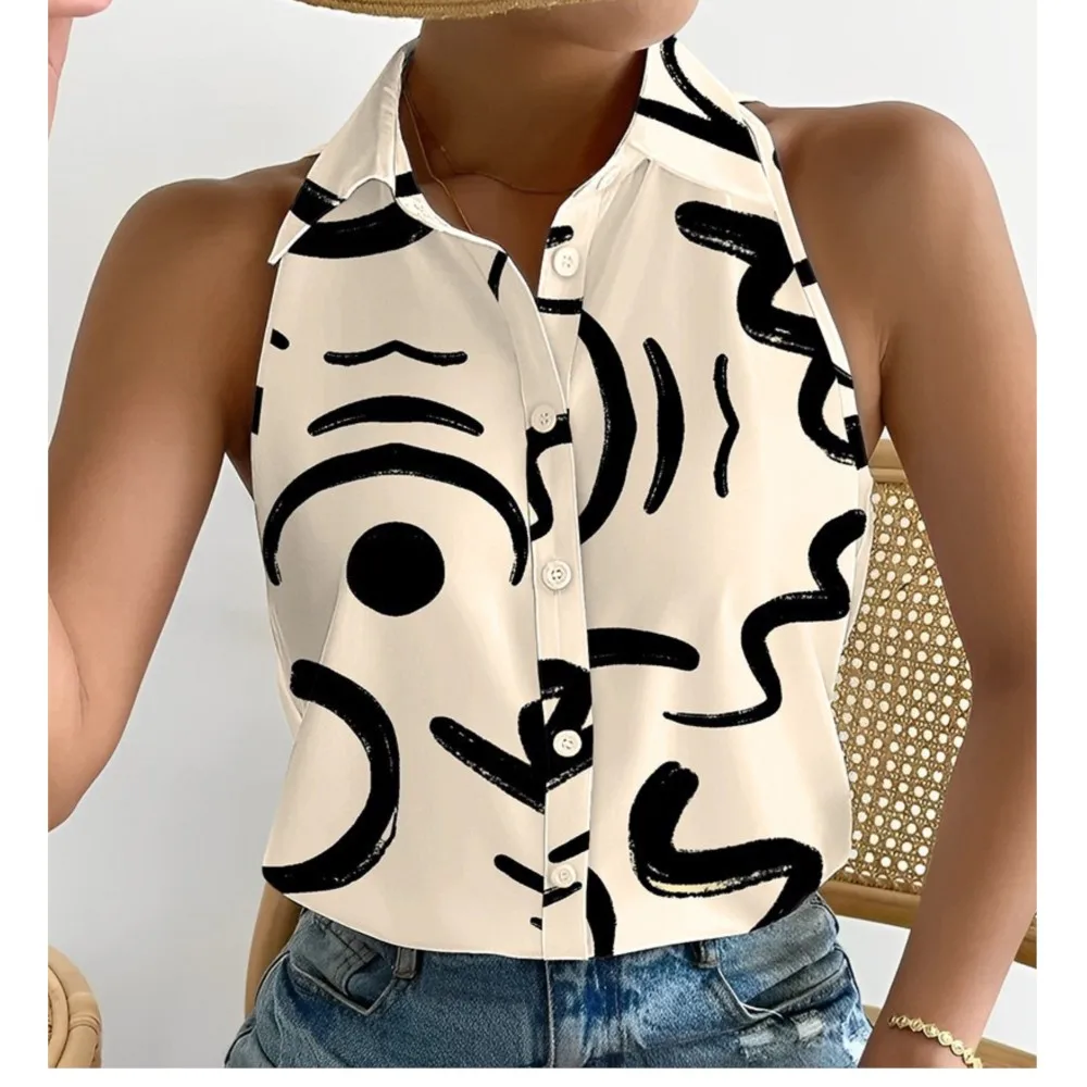 

Summer Casual Blouse Fashion Off Shoulder Sleeveless Abstract Printed Women's Shirt Slim Turn Down Collar Shirts OL Clothing