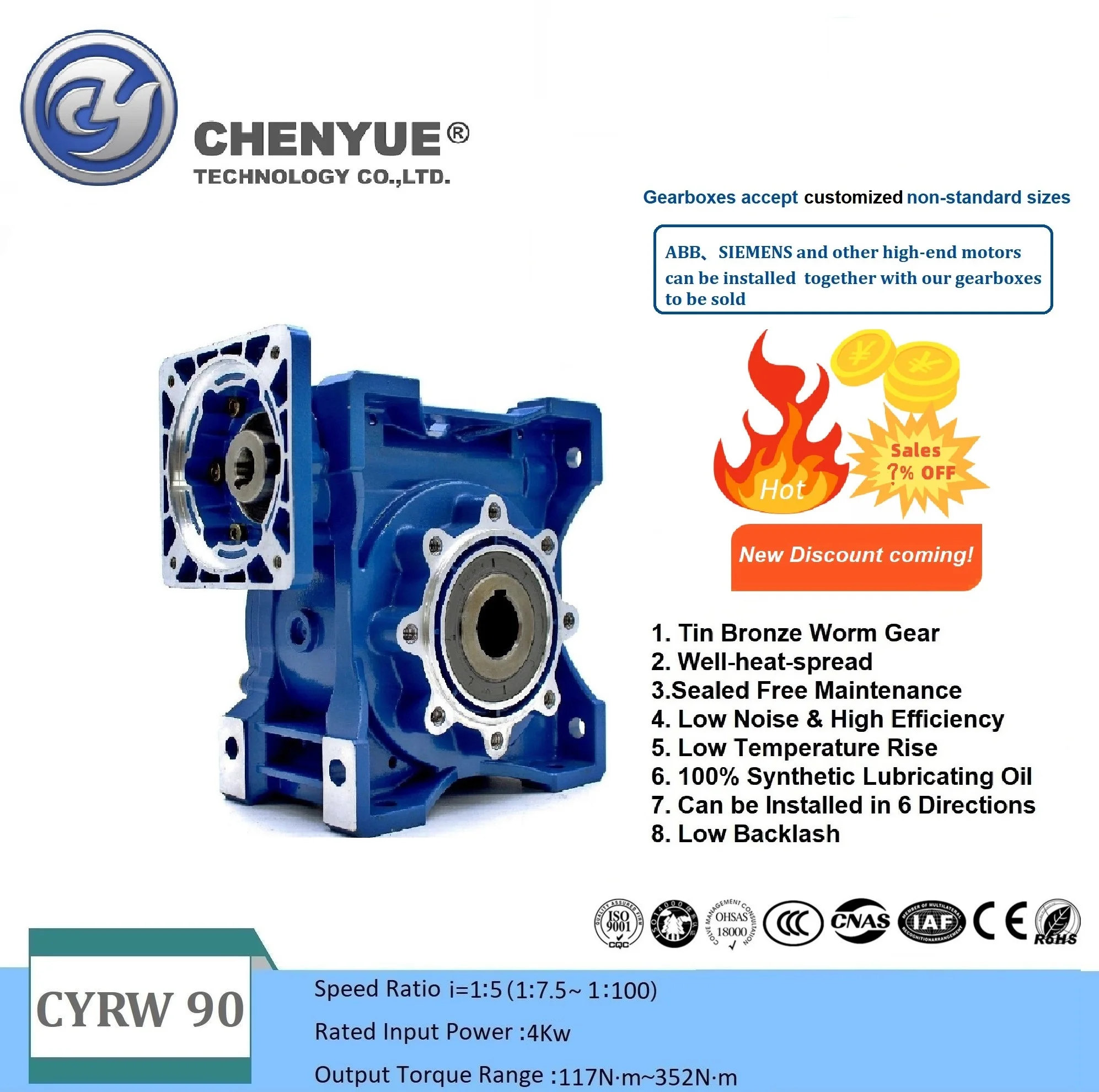 

CHENYUE Worm Gearbox Reducer NMRW-CYRW090 Sliver Suppliers Input19/22/24/28mm Output 35mm Ratio 5:1/100:1 Free Maintenance