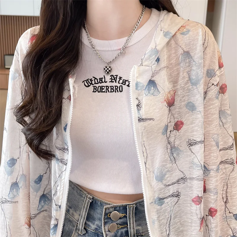 Spring Summer Clothes for Women's Hooded Zipper Plant&Flowers Printing Lantern Long Sleeve Cardigan Hoodies Coats Casual Tops