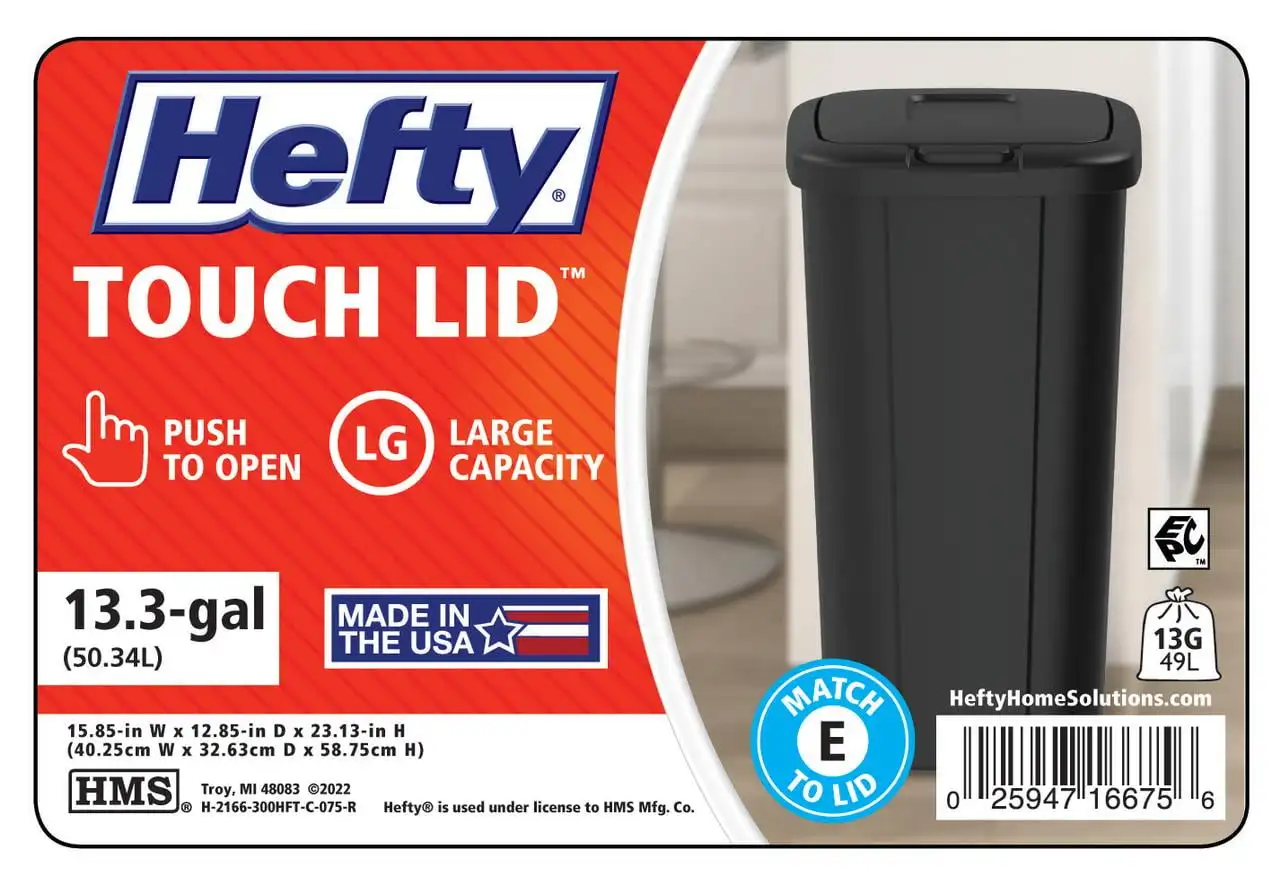 Hefty Black 13.3 Gallon Touch Lid Trash Can