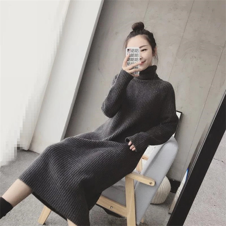 Turtleneck Loose Knitted Sweater Dress Korean Knitwear Long Dresses Thick Elegant Casual Vestidos Women Fall Winter New Robe