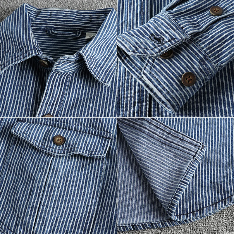 Autumn New American Retro Long Sleeved Lapel Denim Striped Cargo Shirt Men's Simple Cotton Washed Old Casual Blouses Coat