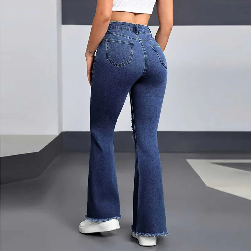 Y2K Blue Stretchy Heart Shaped Flared Jeans High Waist Retro Fashion Trendy Elastic Trousers for Women 4