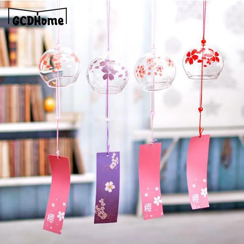 1pcs Romantic Crafts Japanese Cherry Blossom Glass Wind Chimes Bells Home Garden Office Ornament Indoor Window Hanging Decor 2
