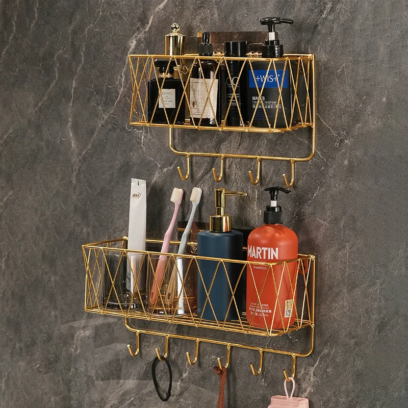 

Bathroom Shelf Organizer Basket Luxury Wall Hanging No-drill Storage Rack Bedroom Toilet Toothbrush Holder Bathroom Accessories