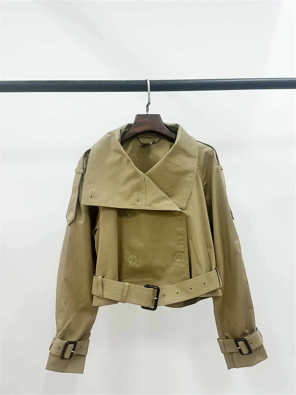 

Short Coat for Women 2023 New Fall Winter Double Breasted Solid Color Casual Fashion Long Sleeve Jacket with Sashes