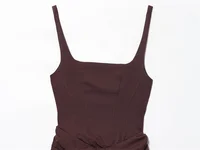 Women's Dress 2025 Autumn New Arrivals Reddish-Brown Spaghetti Strap Sexy Bodycon Mini Dress with Tie Details Stylish and Unique - Image 3
