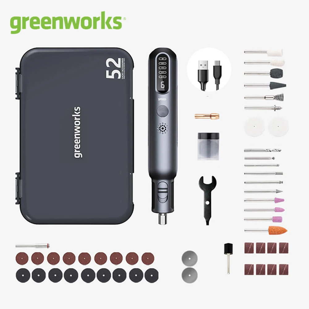 

Greenworks USB Chargering мини-шлифовальный станок, беспроводной 80 Вт 52 шт., шлифовальный станок, вращающиеся инструменты для шлифования резьбы по дереву и шлифования