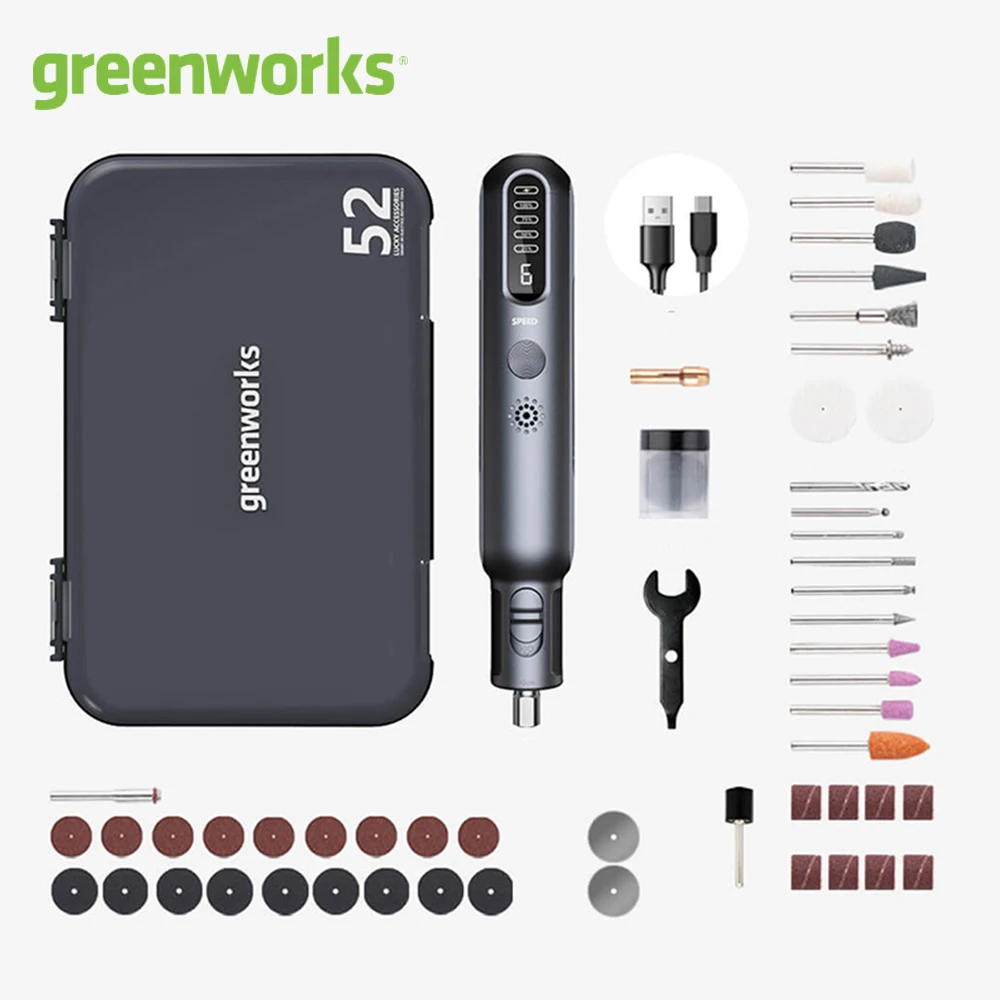   Greenworks 무선 가변 속도 미니 그라인더, 전기 그라인딩 조각, 리튬 배터리 전동 공구, USB 충전기, 8V, 52 개, 80W 