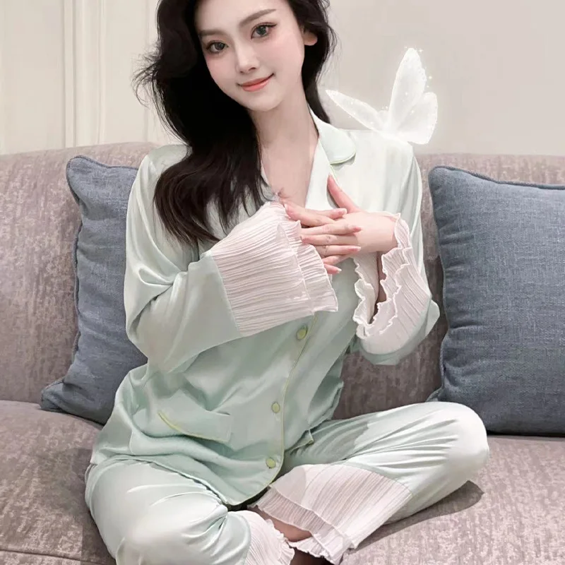 

Lace Women's Pajama Set Silky Satin Two-piece Long Sleeve Button Shirt Pj Sets Loose Sleepwear Classic Loungewear Pijama Mujer