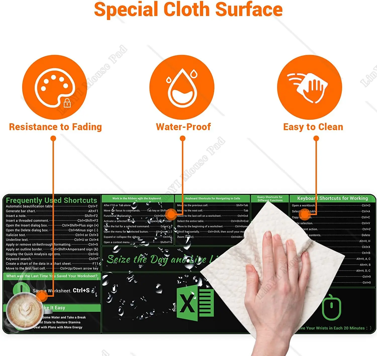 Large Excel Shortcut Mouse Pad Extended Mouse Pad with Stitched Edges Non-Slip Base Keyboard Mats for Desk, 31.5x11.8 5