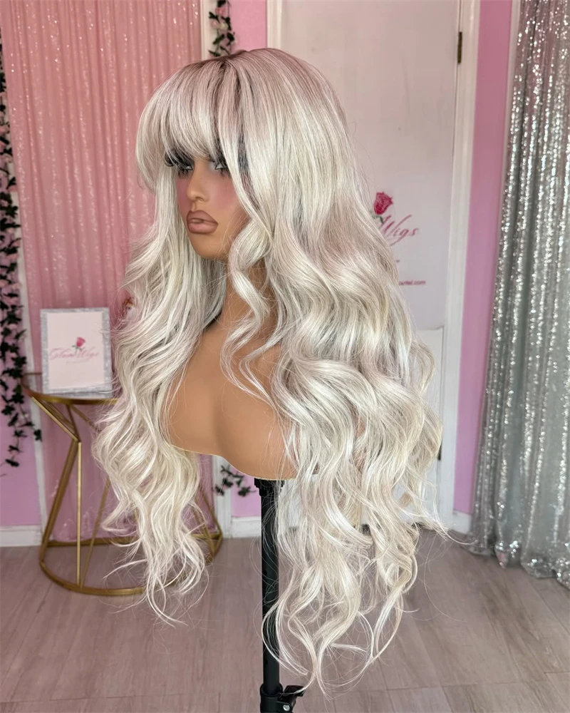Synthetic Human Hair Wig Loose curly Ombre White Blonde with Short Roots Lace Top Wig with Bangs Women Synthetic Premium Fibre Heat Resistant Party Wig synthetic human hair wig