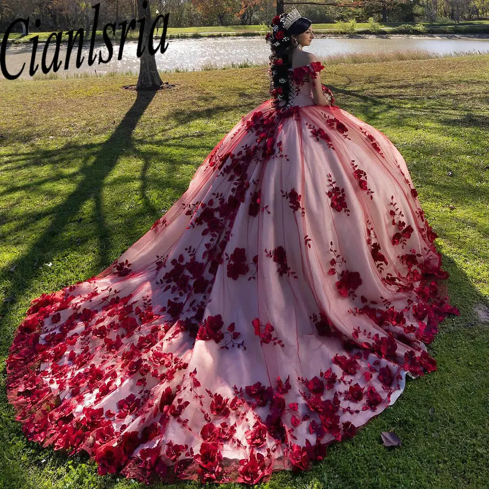 

Red Beading 3D Floral Lace Quinceanera Dresses Ball Gown Off The Shoulder Princess for Sweet 15 Birthday Party