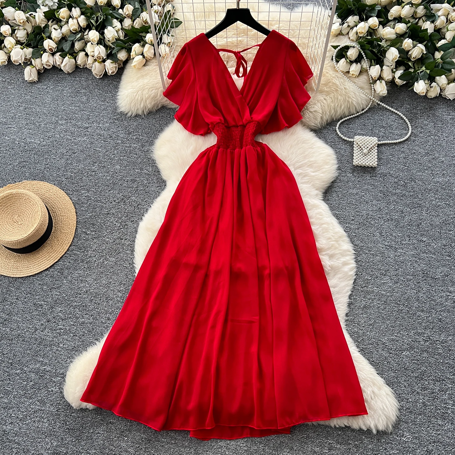 Elegant Criss-Cross chiffon short sleeve Vintage Chic Slim Ball Gown Dresses French Evening High Street Clothing