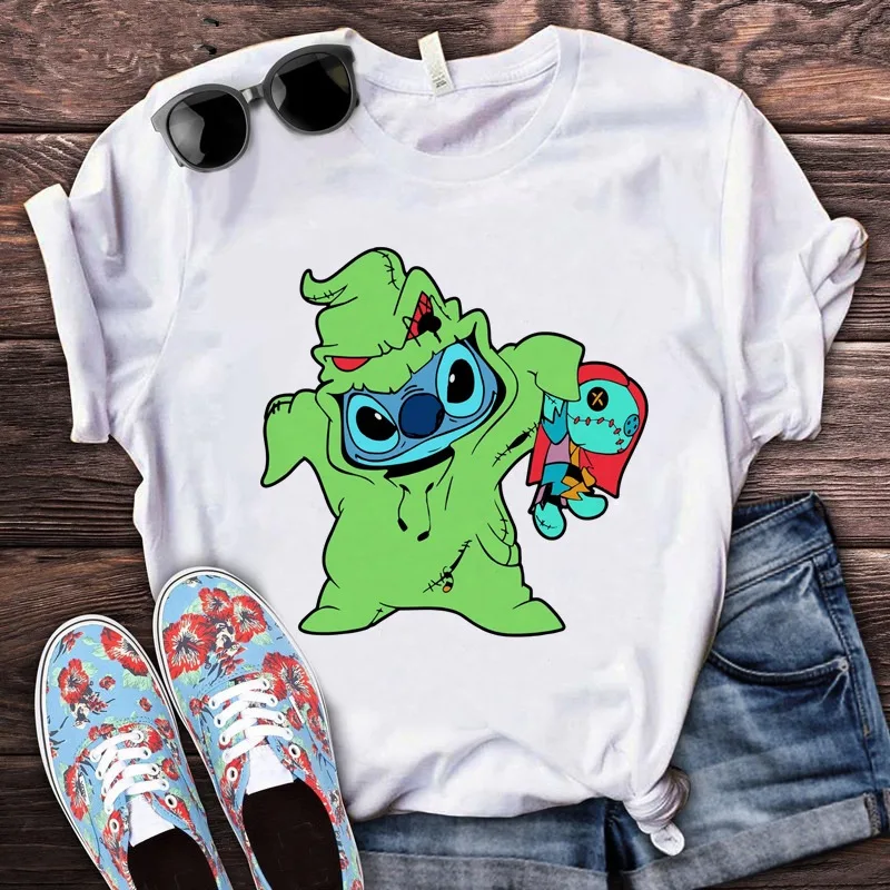 Disney Lilo Stitch Kawaii Christmas Anime T-Shirt Womens Funny Ohana Stitch T-Shirt Graphic Comic T-Shirt Streetwear Tops Womens white t shirt women