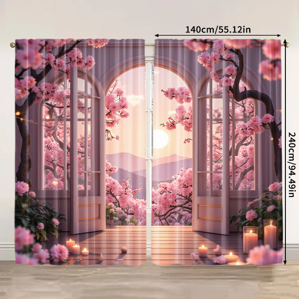 2pcs, spring summer Curtains Spring Flowers Romantic Scenery Prints Light Filtering Curtains Versatile Polyester Fabric Festive 3