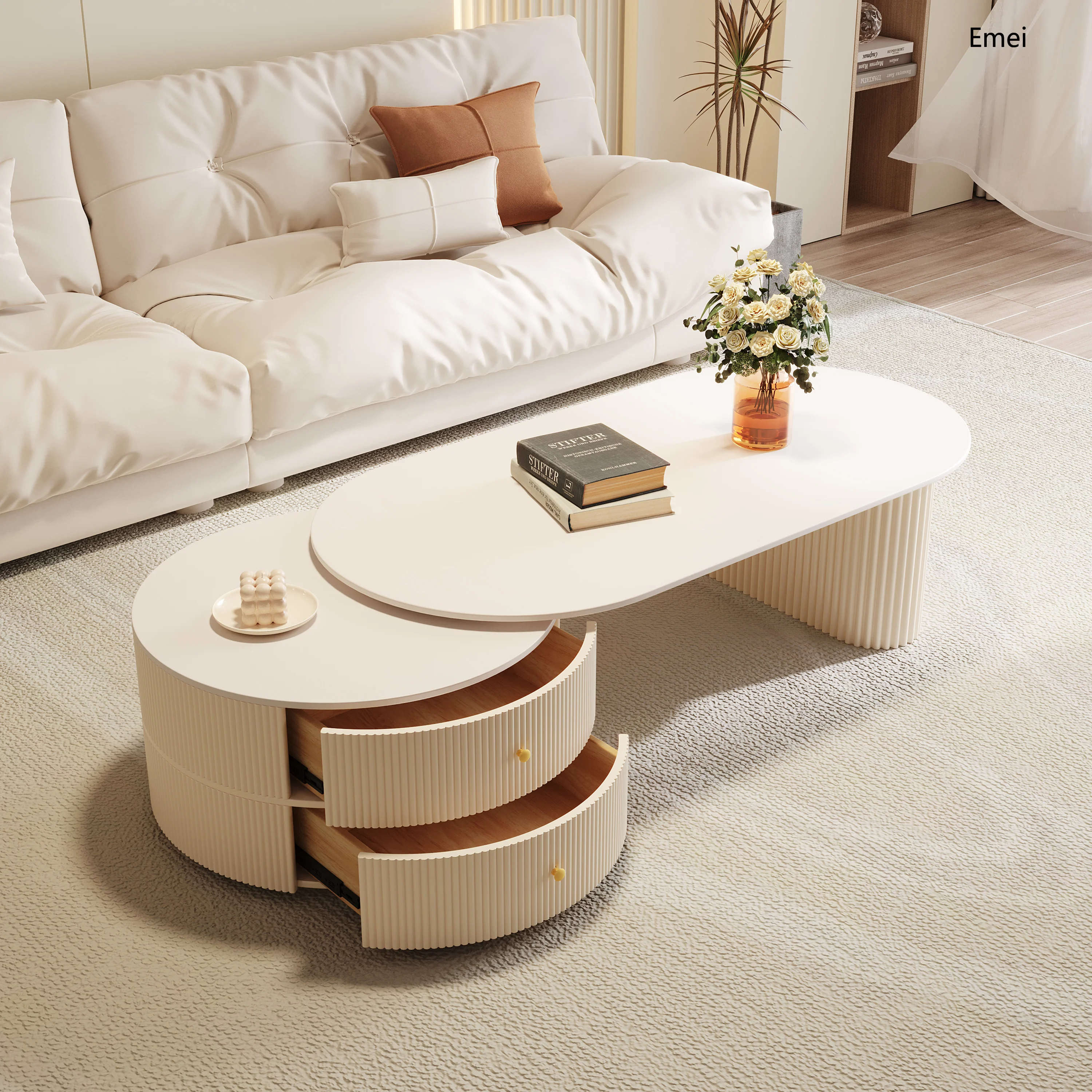 Cream wind rock board coffee table living room household new retractable light luxury combination coffee table