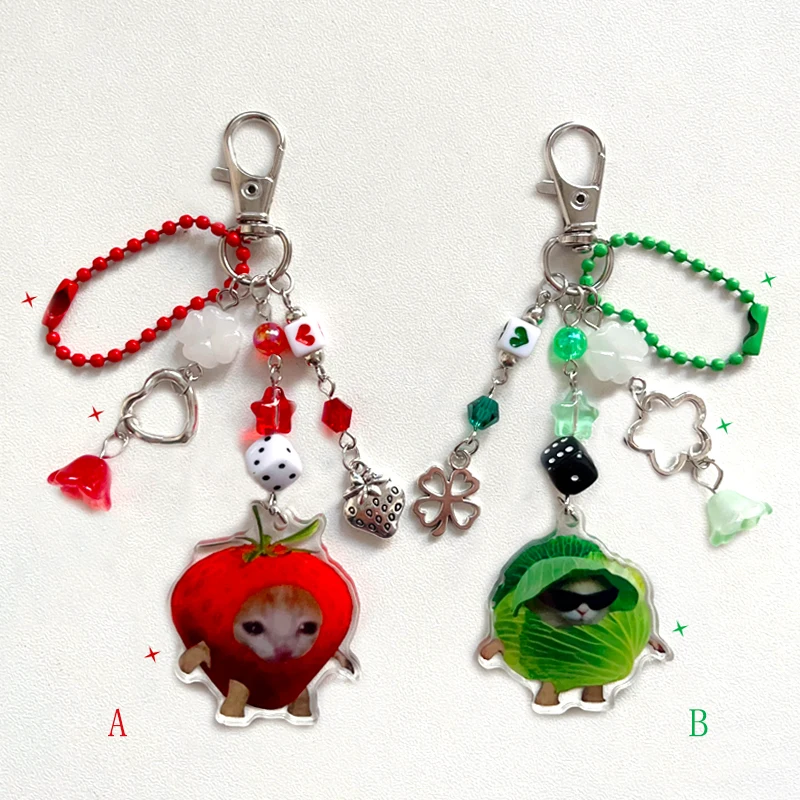 Cute Kawaii Strawberry and Cabbage Cat Keychain Charm
