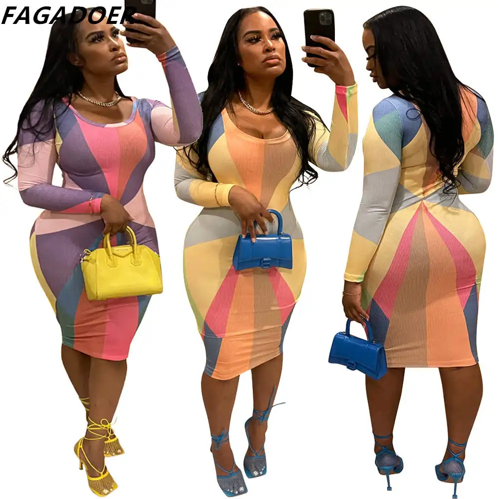 

FAGADOER Fashion Patchwork Color Print Knee Dress Women Round Neck Long Sleeve Bodycon Dresses Vestidos Fall Female Streetwear