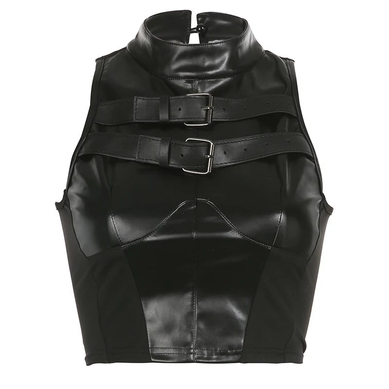 Camiseta sin mangas estilo punk para mujer, de cuero, con hebilla, sin mangas, con cremallera y retazos, estilo hip hop