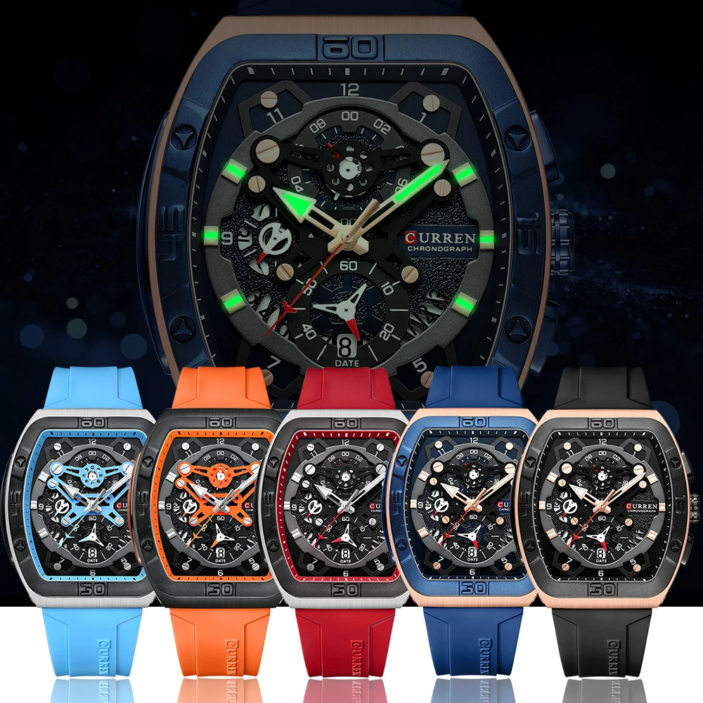 CURREN Creative Fashion Multifunctional Rectangle Quartz Watches New Casual Silicone Strap Men's Wristwatches