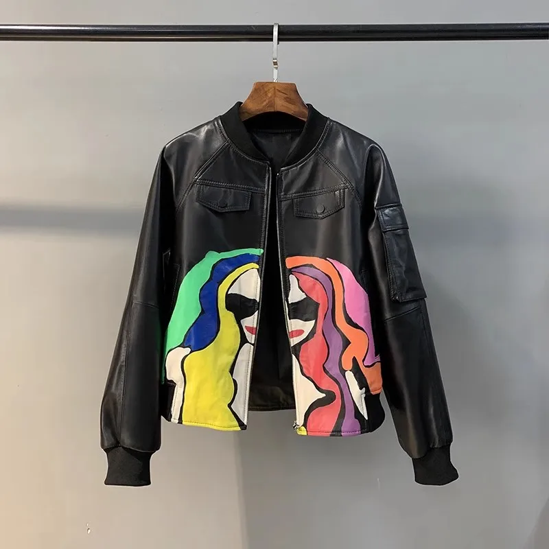 Women's Leather Baseball Jacket, Short Thread Stand Collar, Sheepskin Jacket, Colored Graffiti Leather Jacket, Spring and Autumn korean casual stand up collar jacket spring and autumn men s fashion tooling simple jacket men bomber jacket plus size clothes