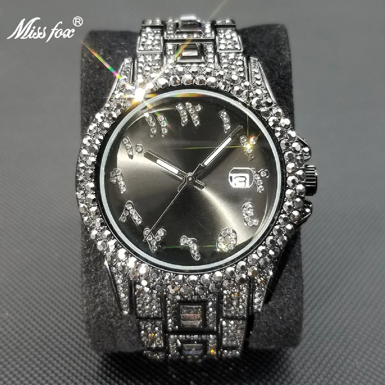 

MISSFOX Black Ice Out Men's Watches Luxury Brand Diamond Stainless Steel Watch Fashion New Automatic Date Relogio Masculino Gift
