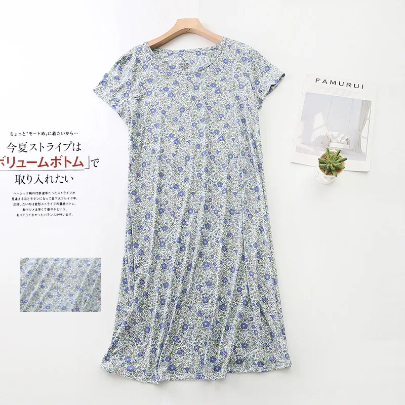 

New Elastic Knitted Fabric Short Sleeve Summer Cartoon Home Clothes European Women's Loose Size Nightdress Pullover Printed Paja