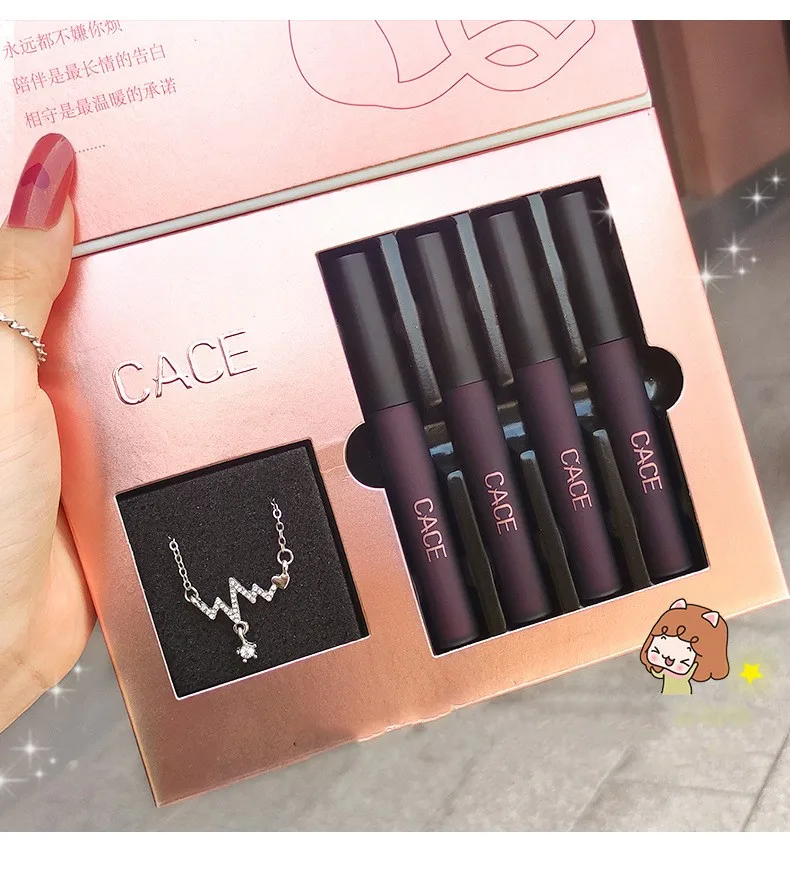 CACE Necklace Lip Glaze Set Box 4-Piece Pack Liquid Lipstick Set Matte Lip Gloss Valentine's Day Gift Lipstick Birthday Gift Set