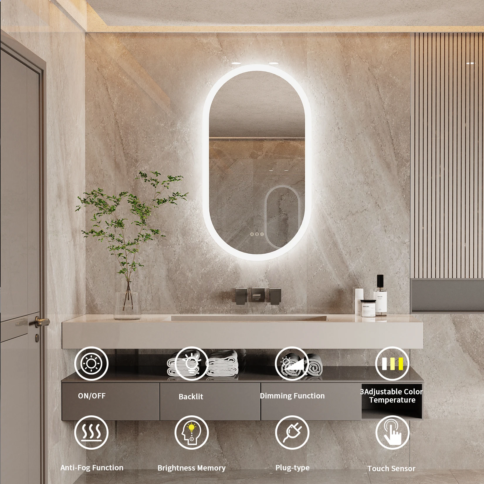 Led Bathroom Mirror for Wall Mounted Oval Lighted Vanity Mirror