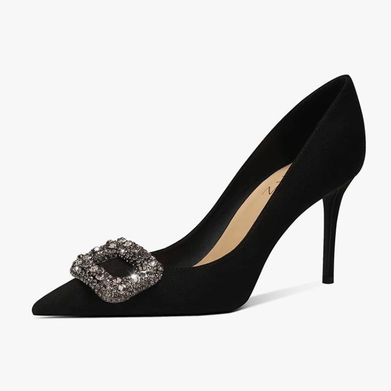 Designer Women 7cm 9.5cm Takron High Heels Silk Pump Office Women Nailed Toe Flash Crystal Buckle Black High Heels 4