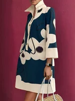 Yeezzi Floral Printed Elegant Evening Dresses For Women 2025 NEW Long Sleeves Loose Urban H-line Lapel Shirts Mini Dress