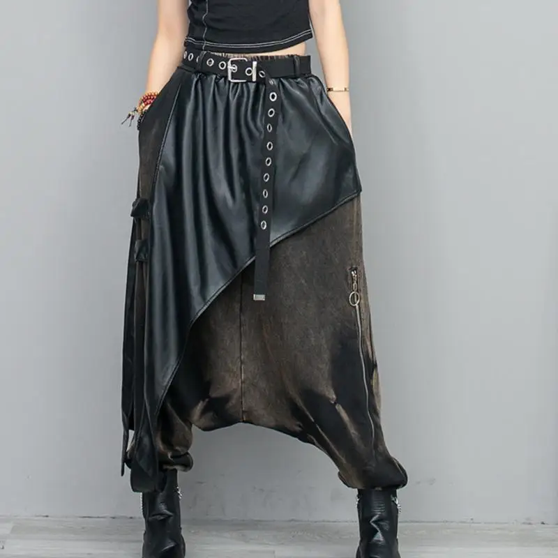 New Fashion Woman Streetwear Elastic Waist Oversized Cross-pants Trousers Personalized Leather Patchwork Punk Style Harem Pants