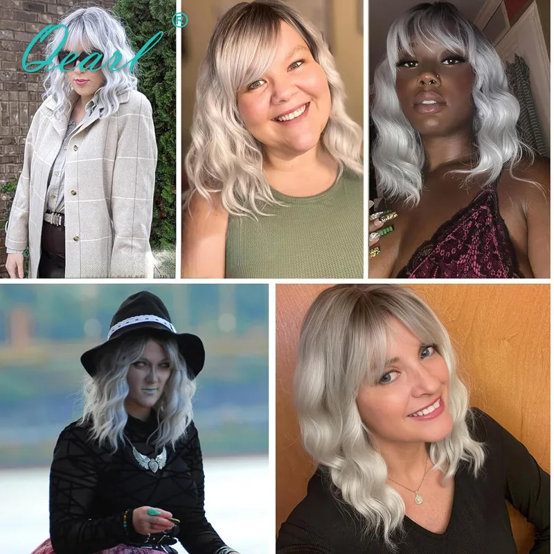 Synthetic Lace Front Wig For Women Ombre Blonde Short Wavy With Bangs Pre Plucked Heat Resistant Glueless