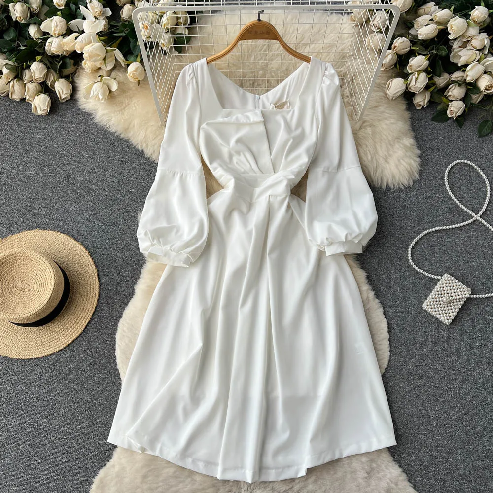

Autumn New Simple Temperament Puff Sleeve Dress Women's Collar Waist Slim Princess Skirt First Love Fairy Skirt