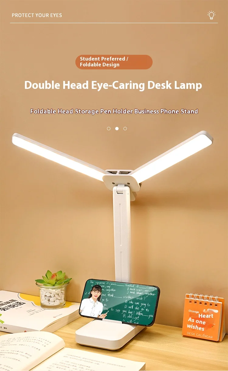 LED double-head desk lamp, 3-level dimmable touch night light, USB rechargeable, eye-protection, foldable bedside reading desk