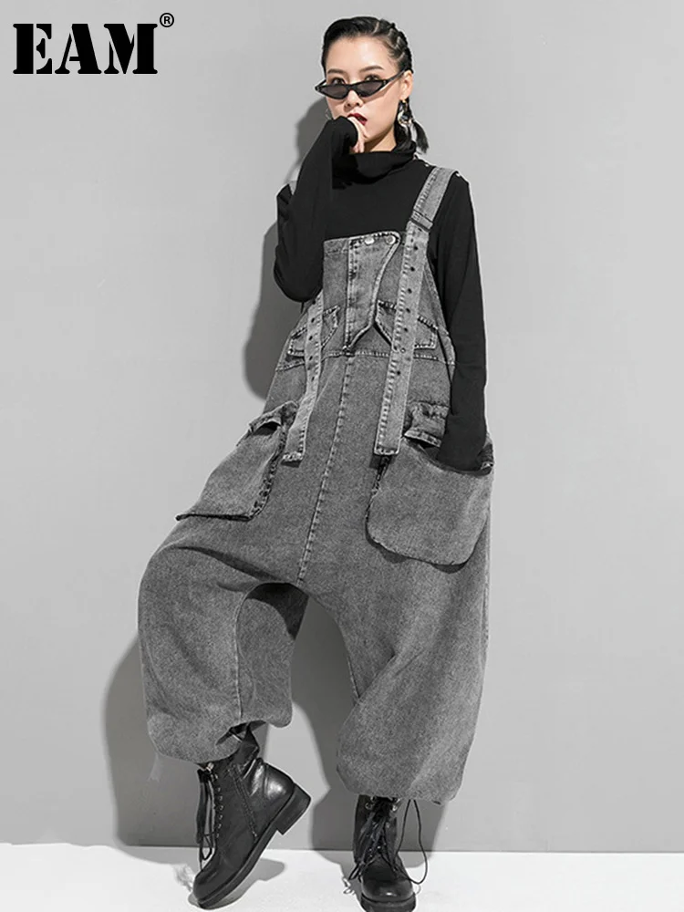 [EAM] High Waist Black Pocket c Denim Overalls Trousers New Loose Fit Pants Women Fashion Tide Spring Autumn 2024 1K164