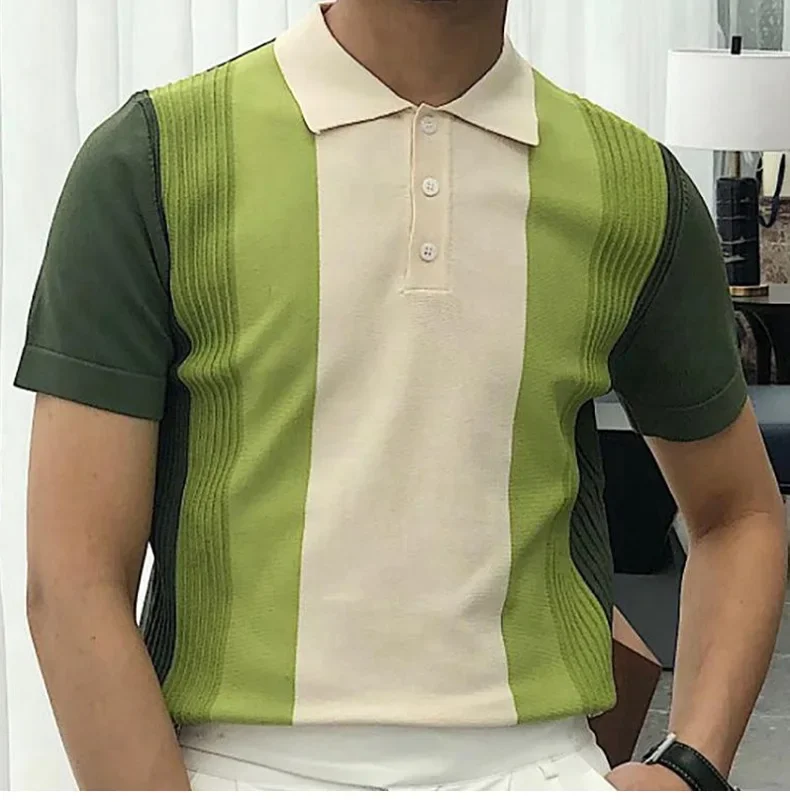 2024 Summer Contrast Color Knitted Polo Shirts Men Green Stripe Turn-down Collar Tops for Men Slim Fit Casual Business Polos 14 Se0025fdd6aa9484ca364f77c1d418ad4D