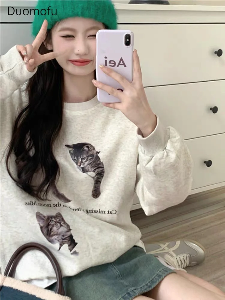 Duomofu New Harajuku Cute White Sweatshirt Women Japanese Style Cat Long Sleeve Pullover Y2k Kpop Streetwear Oversize Loose Tops