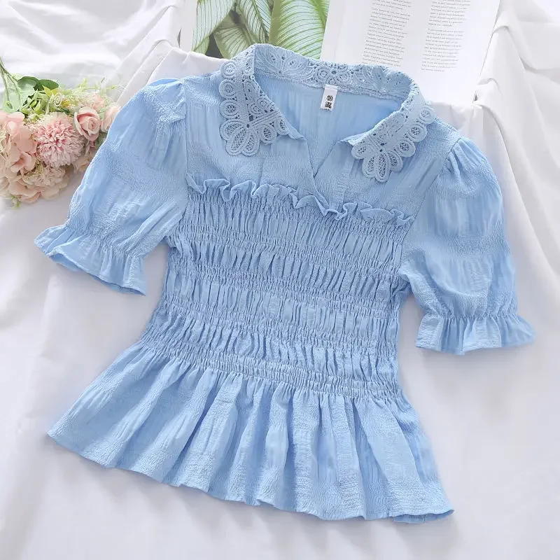 

Casual All-match Fashion Solid Color Slim Blouses Women's Clothing Summer New Chiffon Lace Spliced Folds Ruffles Tops Shirt
