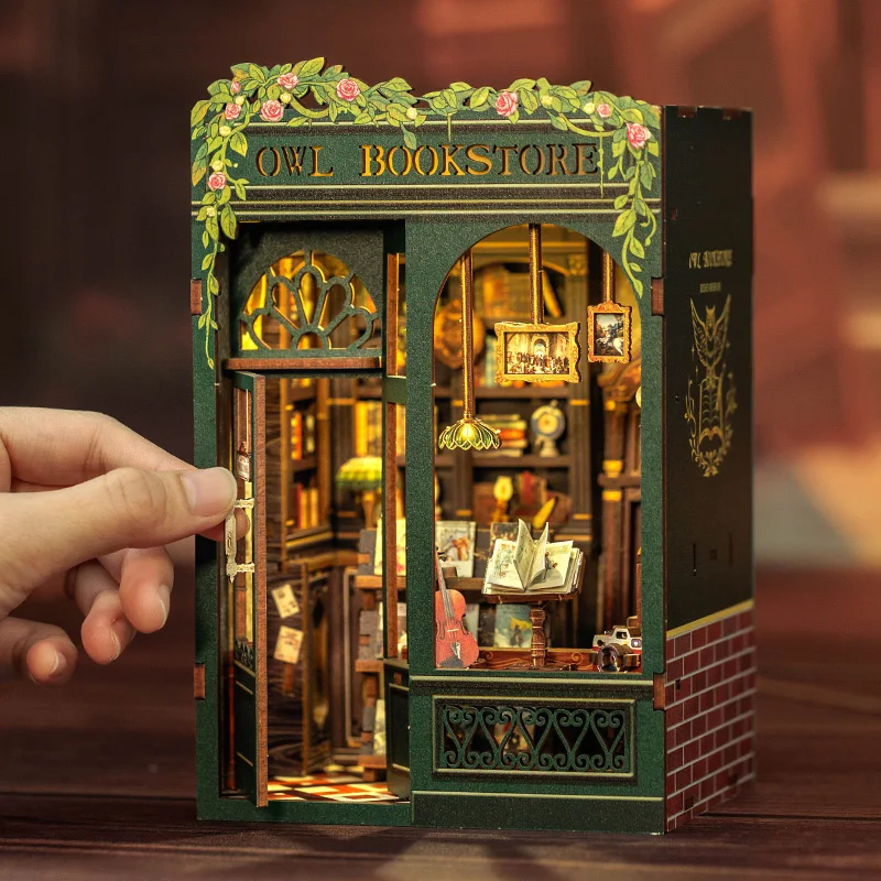 CUTEBEE DIY Book Nook Kit Miniature Dollhouse with Light Wooden Bookshelf Insert Retro Booknook Decor for Gifts Bookshop Series 4