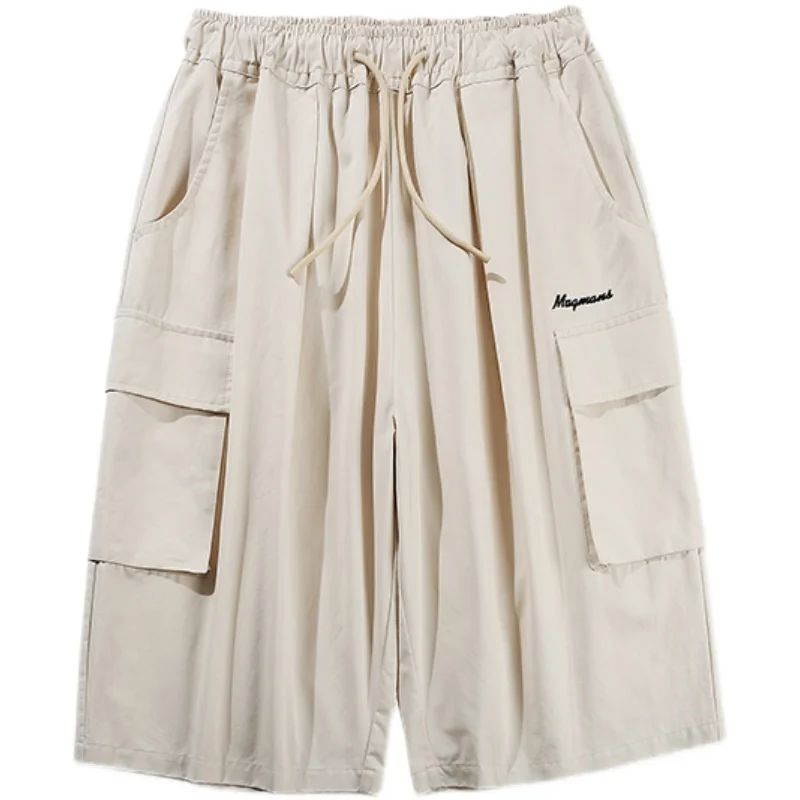 Man Cargo Thin Calf Length Short Pants Coffee Color Streetwear Ins BF Harajuku Loose Straight Pockets Daily Party Holiday Shorts