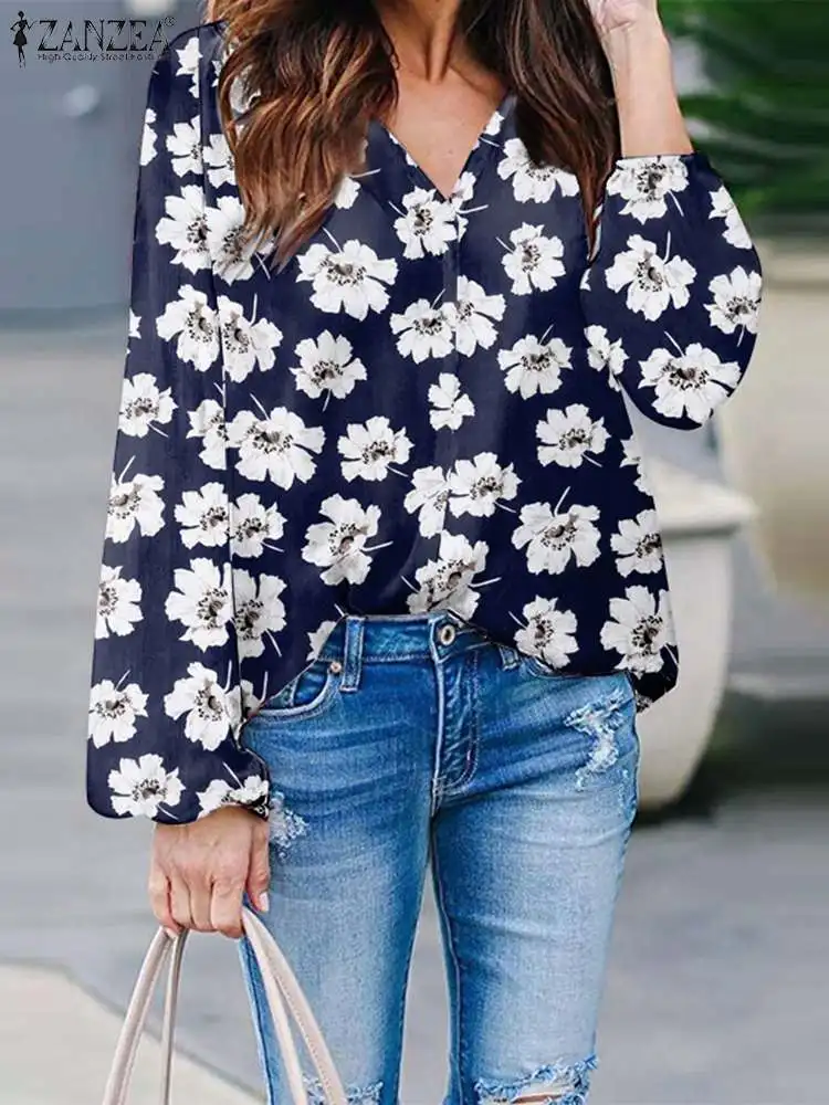 

ZANZEA Women Flower Printed Tunic Streetwear Long Sleeve Shirt V-neck Beach Tops Holiday Fashion 2023 Summer Oversized Blouse
